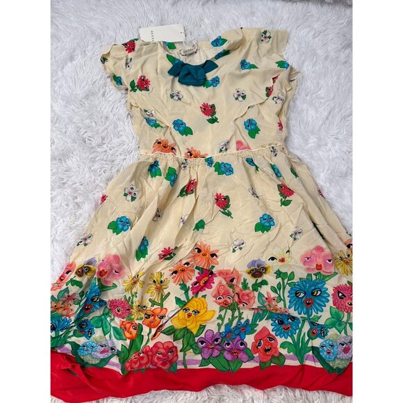 Gucci Children’s Flower Faces Border Short Sleeve Dress In White-Camel Size12 - Picture 10 of 10